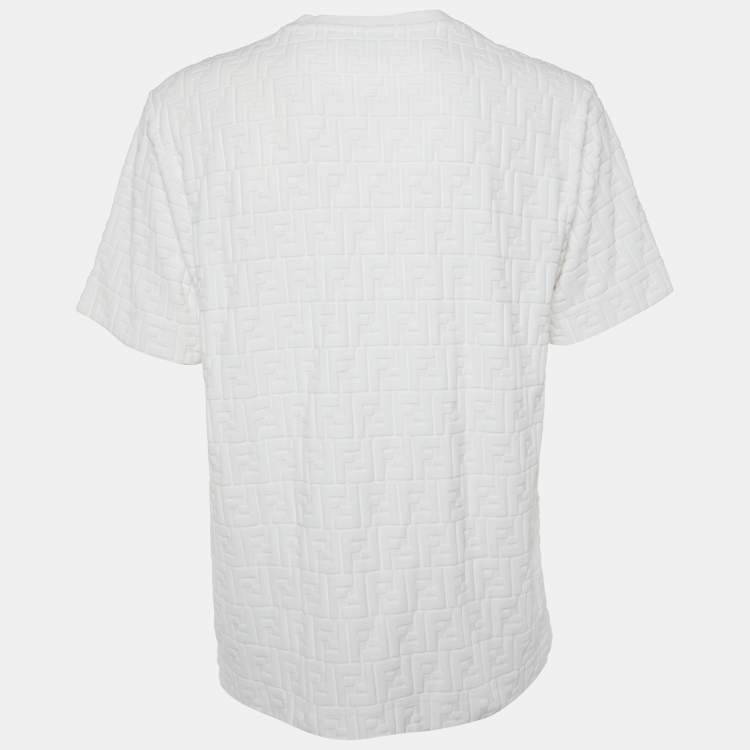 Pre Owned Fendi White Zucca Embossed Cotton Crew Neck T-Shirt L