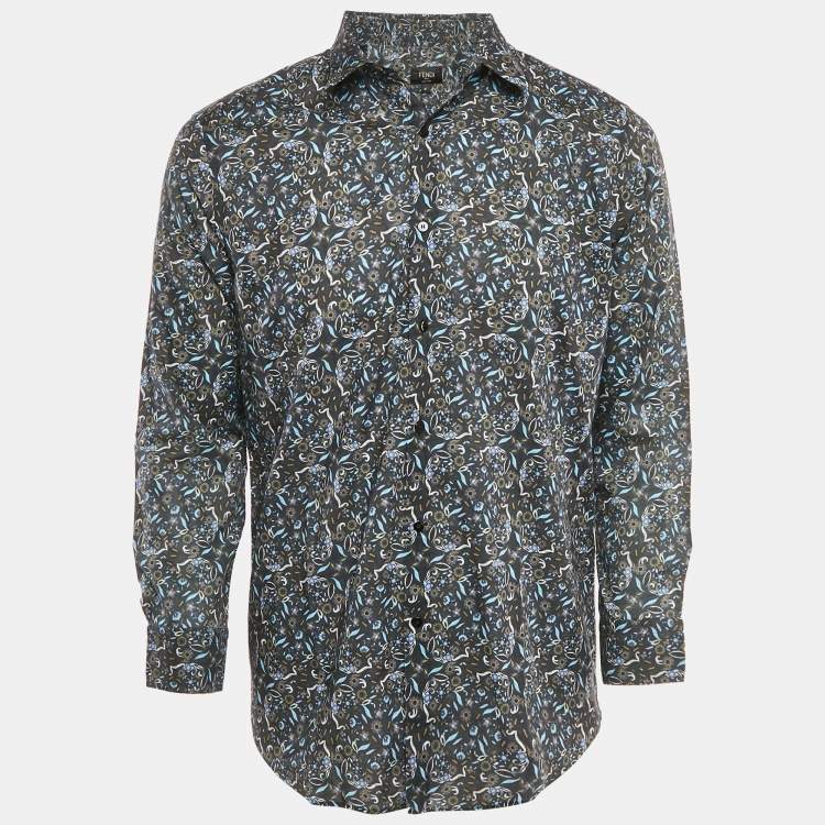 Pre Owned Fendi Navy Blue Floral Print Cotton Button Front Shirt L