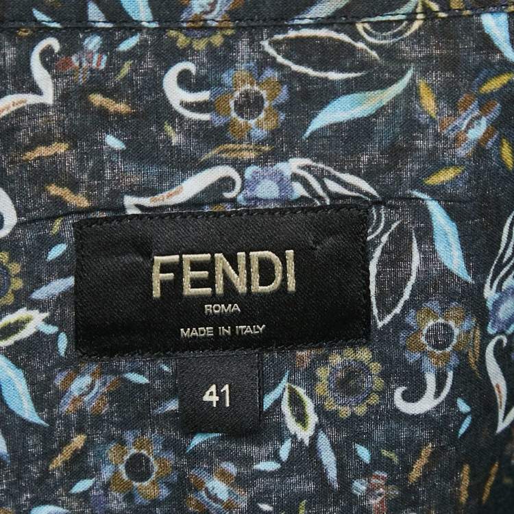 Pre Owned Fendi Navy Blue Floral Print Cotton Button Front Shirt L