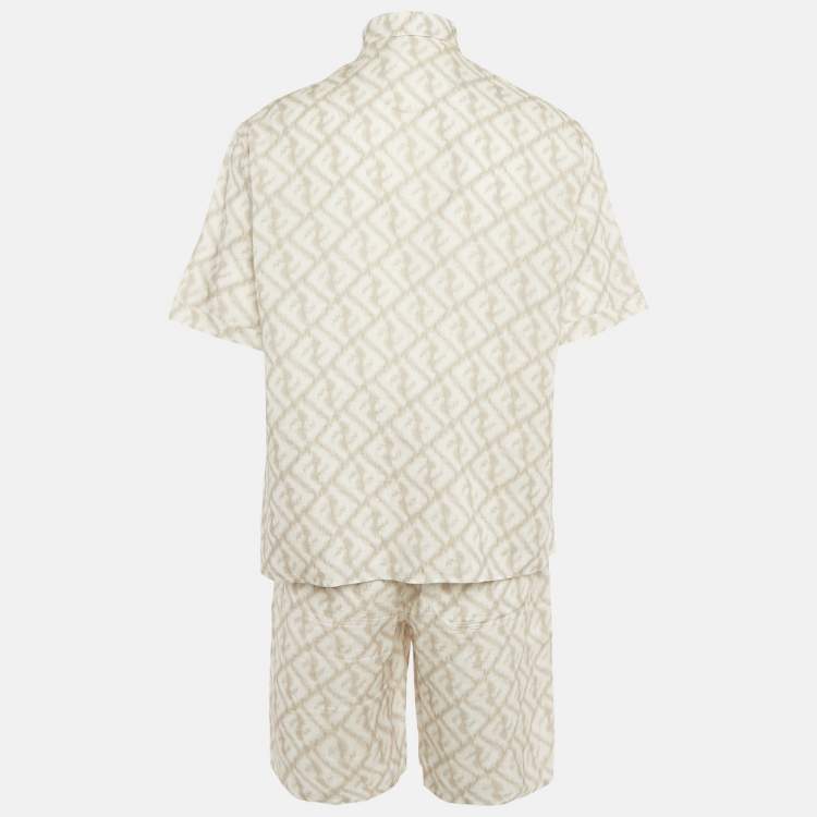 Pre Owned Fendi White Print Linen Shirt and Shorts Set S/M