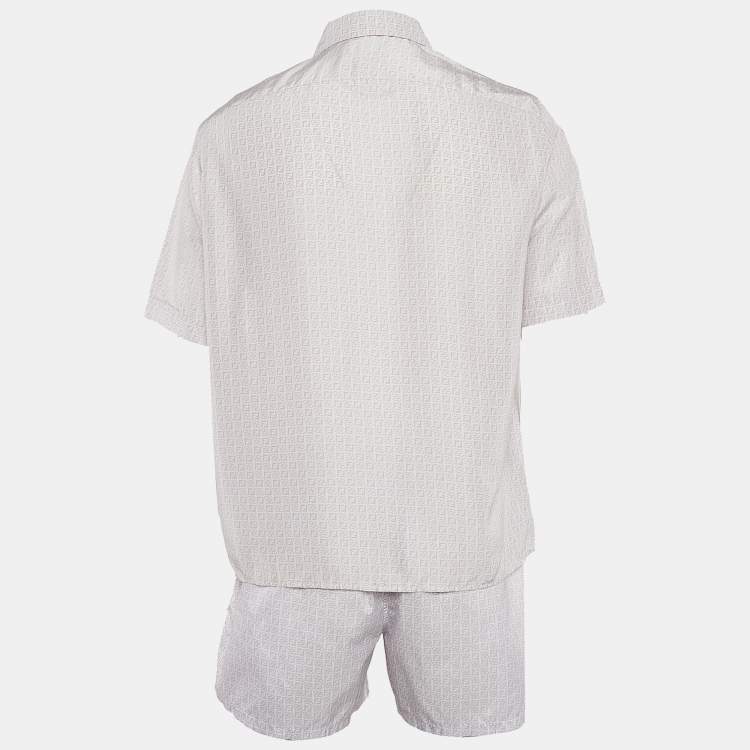 Pre Owned Fendi White/Purple Logo Print Silk and Synthetic Shirt & Shorts Set M/XL