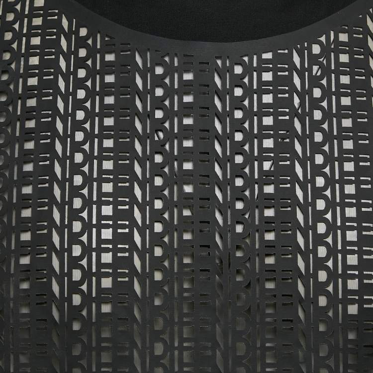 Pre Owned Fendi Black Cotton and Organza Logo Laser-Cut Detail T-Shirt XL