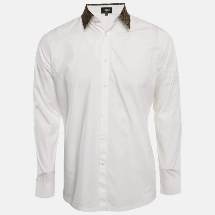 Pre Owned Fendi White FF Print Collar Cotton Long Sleeve Shirt L
