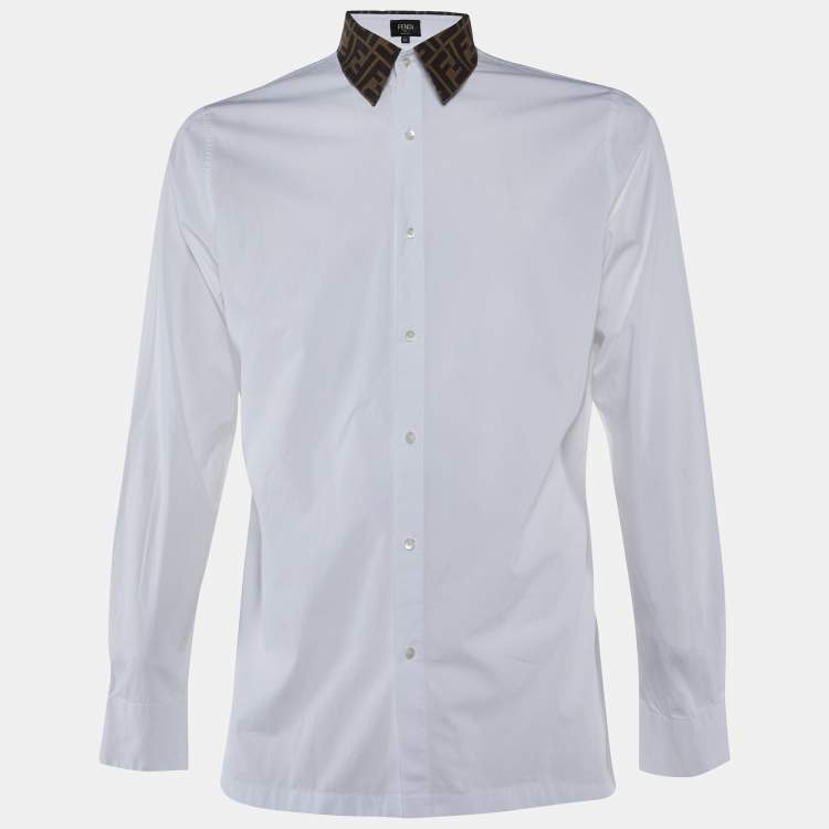 Pre Owned Fendi White Cotton FF Collar Slim Fit Shirt L 