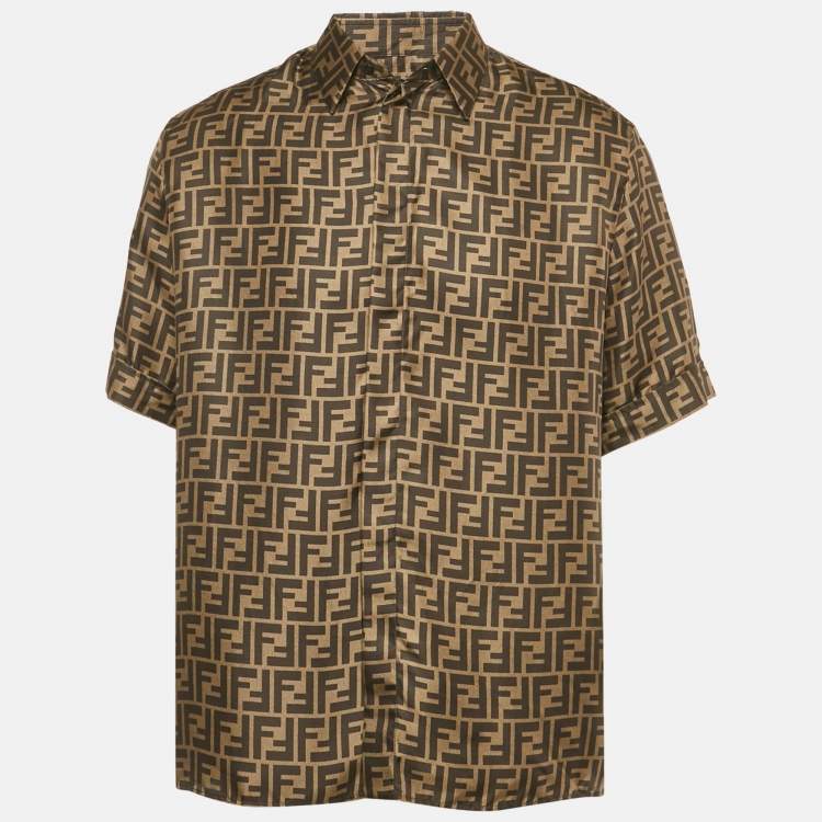 Pre Owned Fendi Brown Zucca Monogram Print Silk Button Front Shirt L