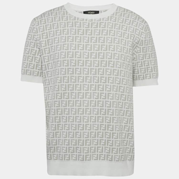 Pre Owned Fendi White Zucca Knit Crewneck T-Shirt XL