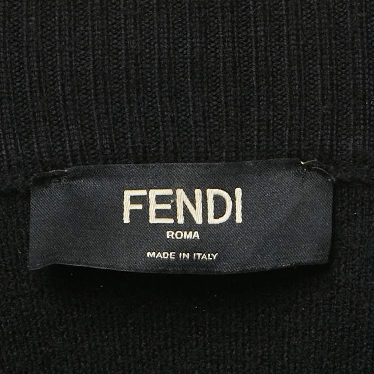 Pre Owned Fendi Black Wool Logo Band Detail Zip -Up Sweater M