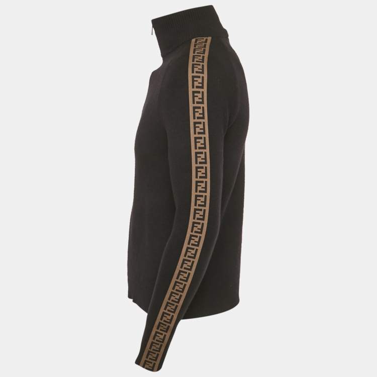 Pre Owned Fendi Black Wool Logo Band Detail Zip -Up Sweater M