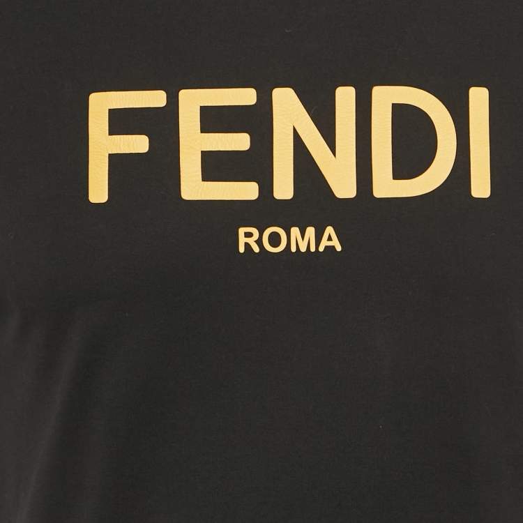 Pre Owned Fendi Black Leather Logo Applique Jersey Crew Neck T-Shirt S