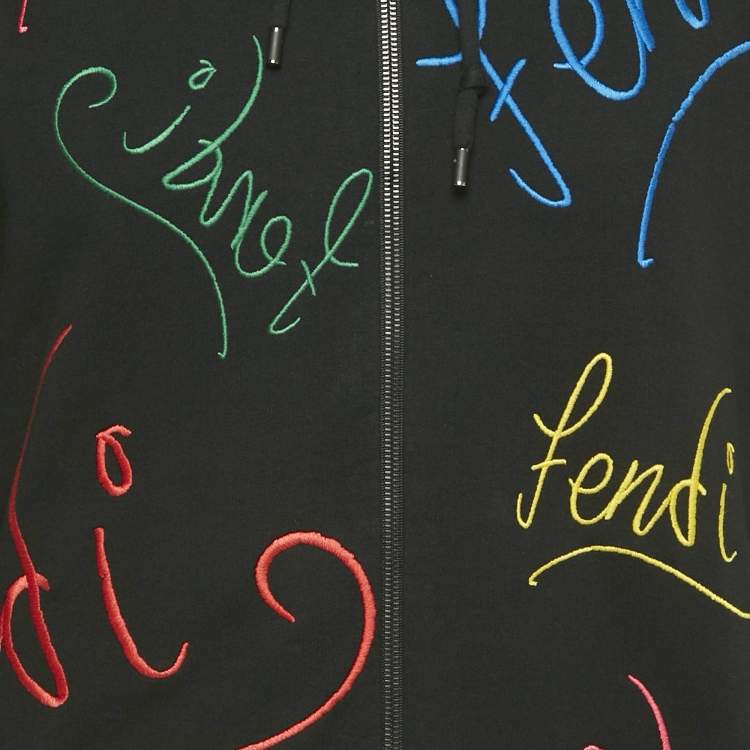 Pre Owned Fendi Black Logo Embroidered Cotton Zip-Up Hoodie XL