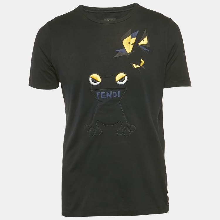 مملوكة مسبقًا Fendi Black Frog & Butterfleyes Cotton Crew Neck T-Shirt M
