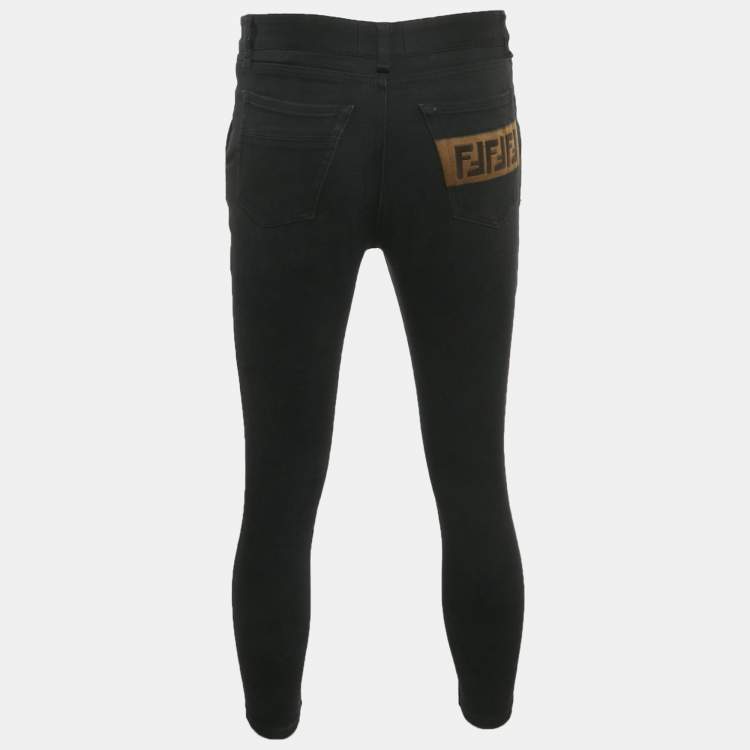Pre Owned بنطلون جينز فيندي رقعة شعار FF على الدينيم الأسود مقاس صغير / عرض الخصر 31 بوصة