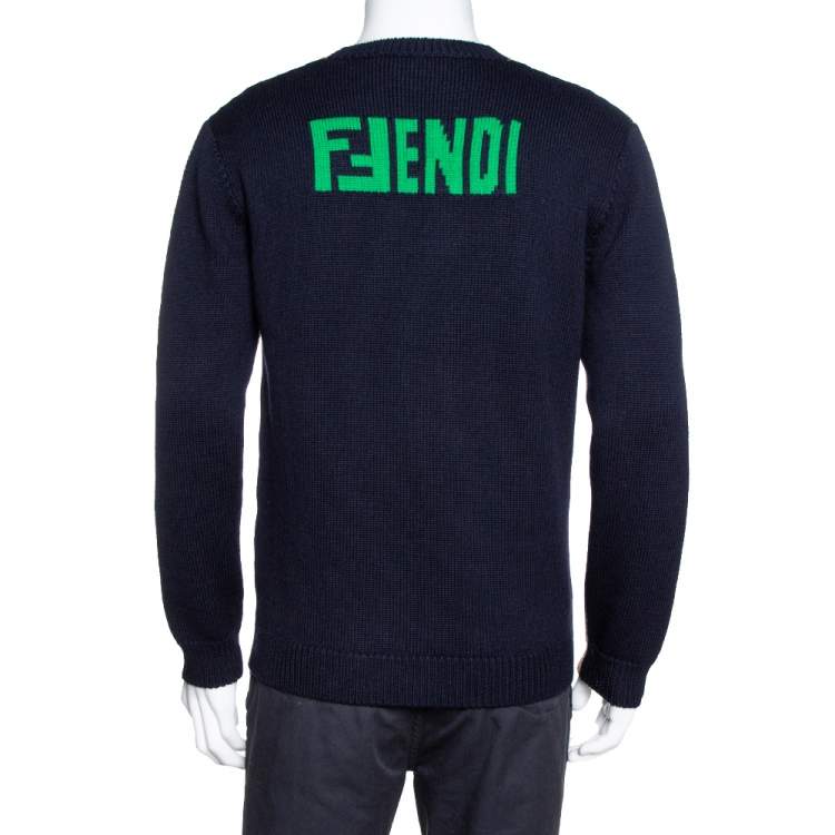Pre Owned Fendi Bicolor Family Embroidered Wool Knit Pullover M