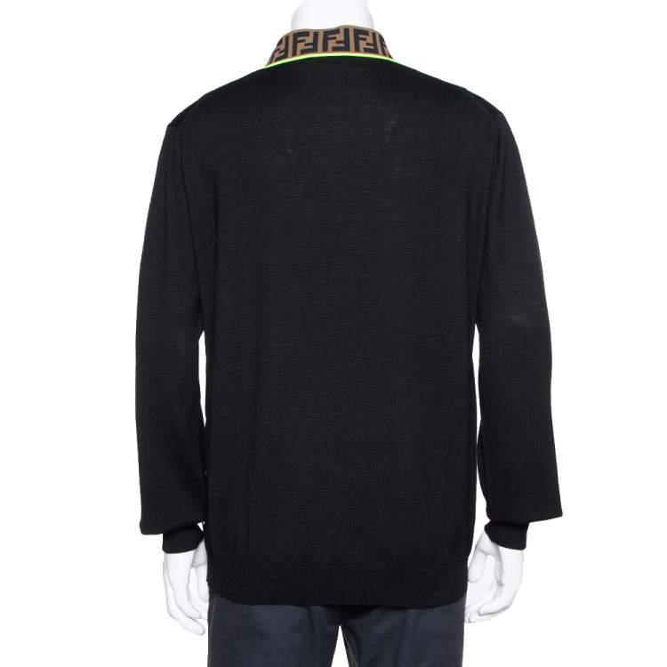 Pre Owned Fendi Black Wool Zucca Logo Collar Detail Jumper 3XL
