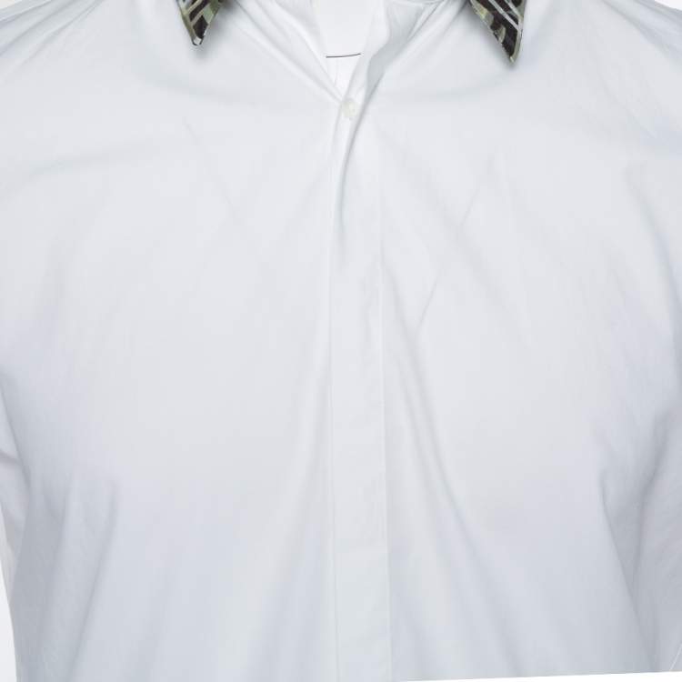 Pre Owned Fendi White Cotton Camou Collar Detail Button Front Shirt S