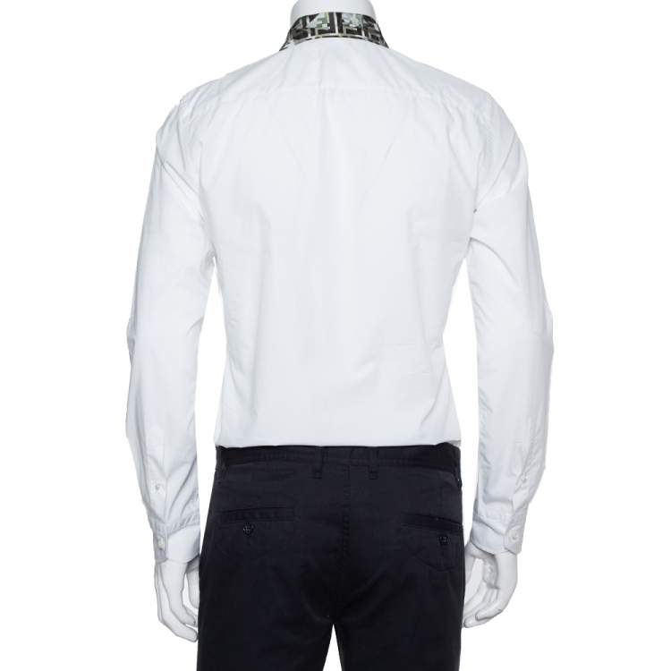Pre Owned Fendi White Cotton Camou Collar Detail Button Front Shirt S