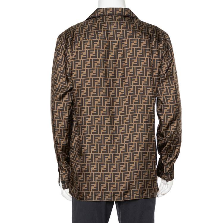 Pre Owned Fendi Brown Silk Zucca Monogram Button Front Shirt L