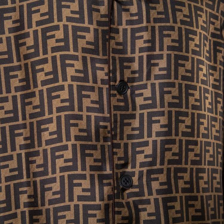 Pre Owned Fendi Brown Silk Zucca Monogram Button Front Shirt L