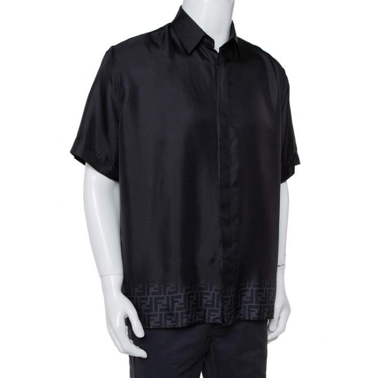Pre Owned Fendi Black Zucca Gradient Printed Silk Short Sleeve Shirt XL 