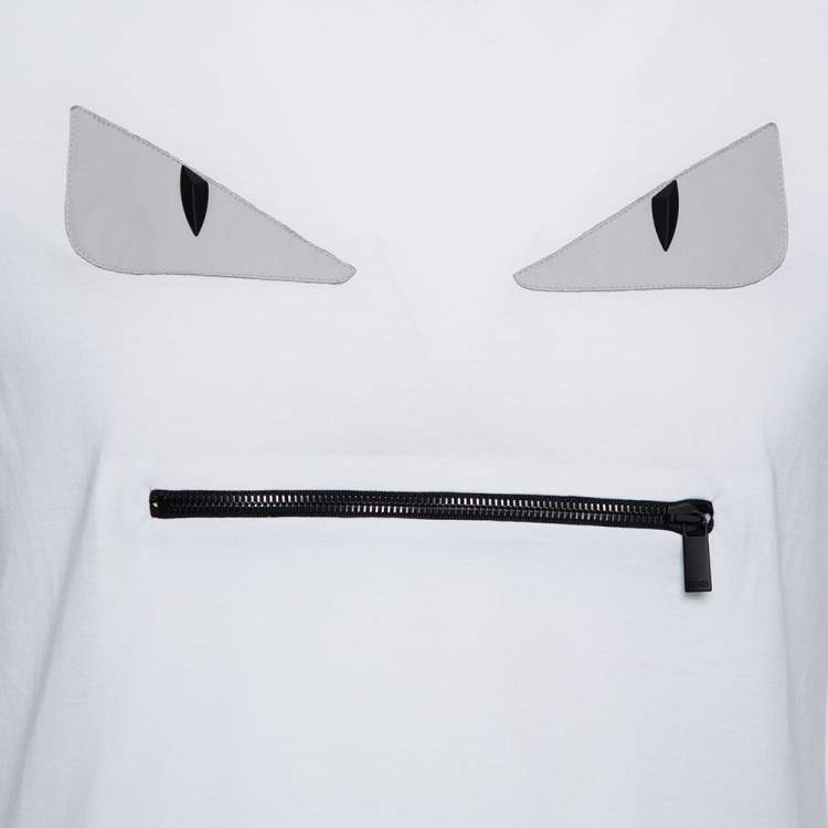 Pre Owned Fendi White Monster Eye Applique Cotton Pocket Bag Detail T-Shirt M