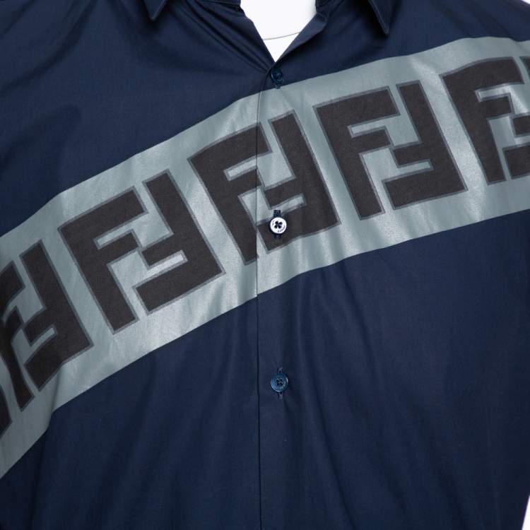 Pre Owned Fendi Navy Blue Cotton Diagonal Logo Printed Button Front Shirt M