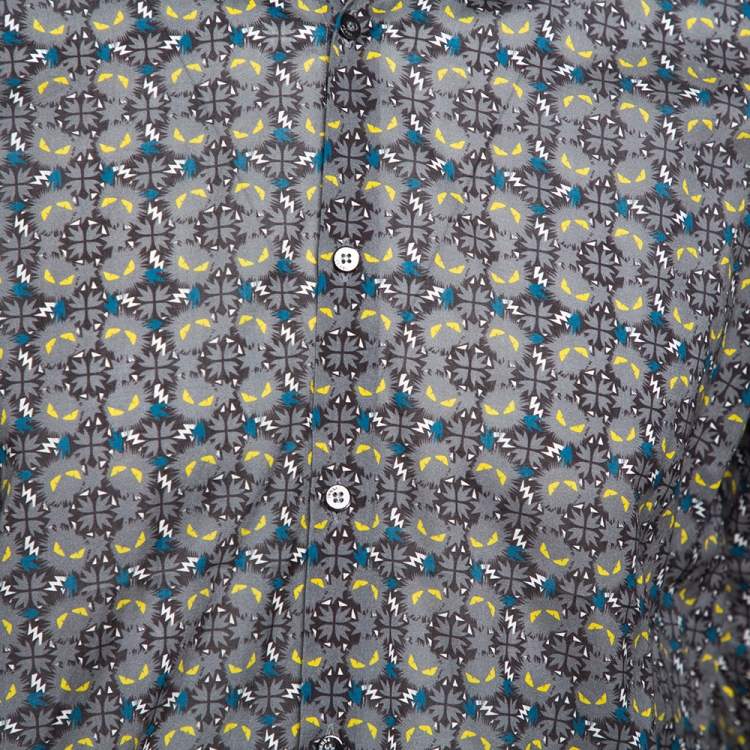 Pre Owned Fendi Grey Monster Eyes Printed Cotton Button Front Shirt L