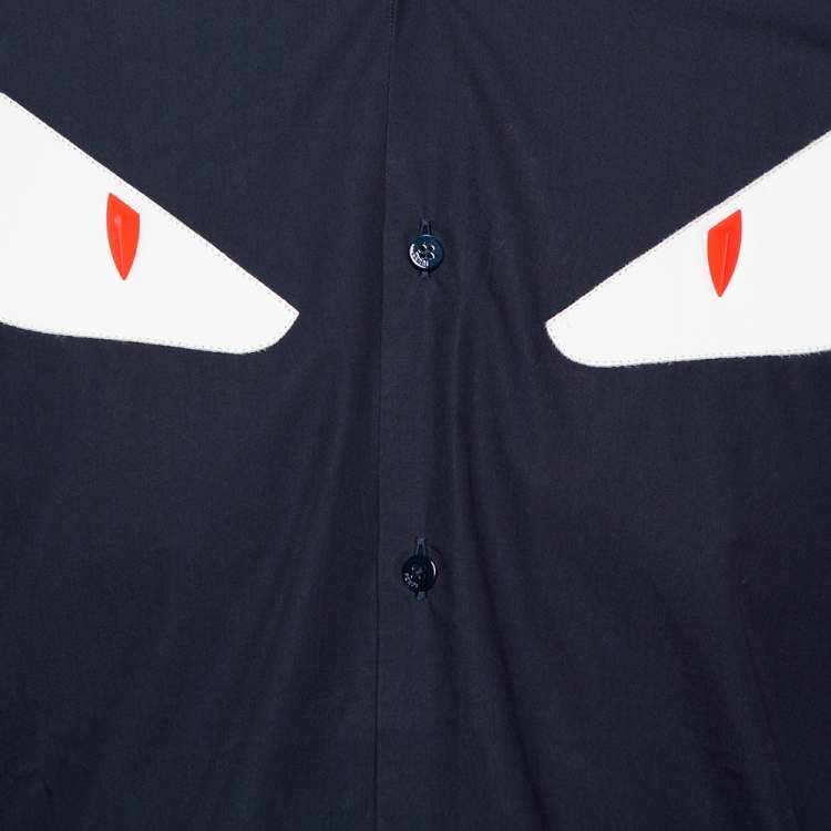 Pre Owned Fendi Navy Blue Cotton Monster Eye Applique Detail Button Front Shirt L