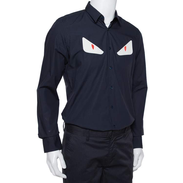 Pre Owned Fendi Navy Blue Cotton Monster Eye Applique Detail Button Front Shirt L