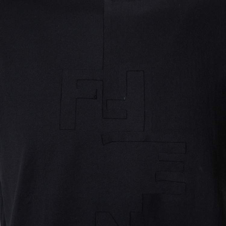 Pre Owned Fendi Black Cotton Logo Detail Crewneck T-Shirt M