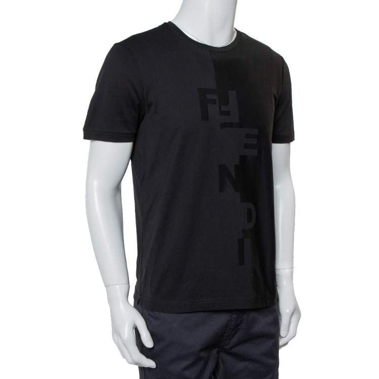 Pre Owned Fendi Black Cotton Logo Detail Crewneck T-Shirt M