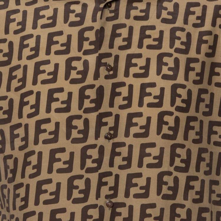 Pre Owned Fendi Brown Silk All Over Logo Printed Short Sleeve Shirt M