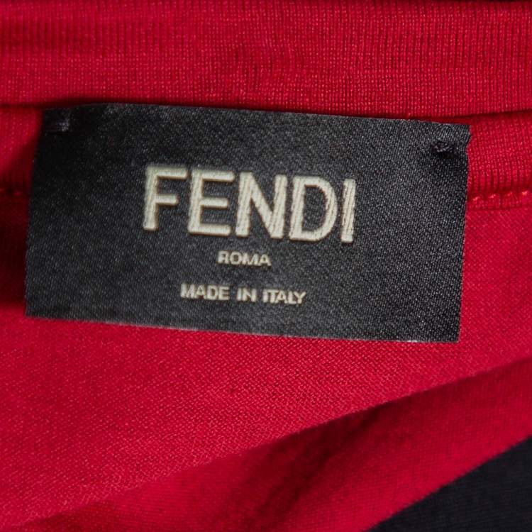 Pre Owned Fendi Burgundy Logo Patch Cotton Crewneck T-Shirt S