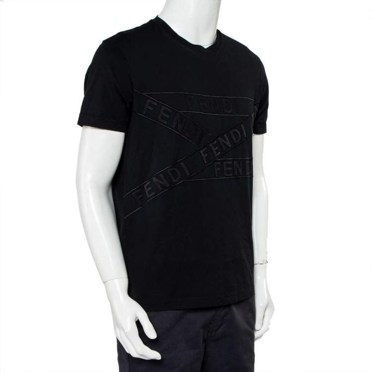 Pre Owned Fendi Black Cotton Logo Detail Crewneck T-Shirt XL