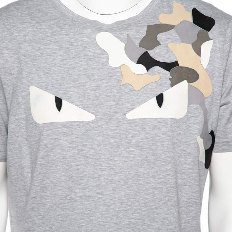 Pre Owned Fendi Grey Cotton Monster Eyes Leather Patch Detail Crewneck T-Shirt XXL