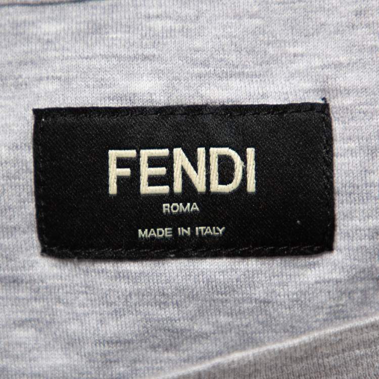 Pre Owned Fendi Grey Cotton Monster Eyes Leather Patch Detail Crewneck T-Shirt XXL
