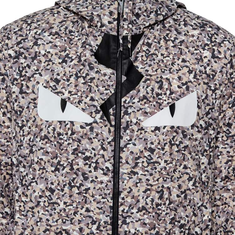 Pre Owned Fendi Grey Bag Bugs Printed Synthetic Monster Eye Patch Detail Hooded Jacket S 