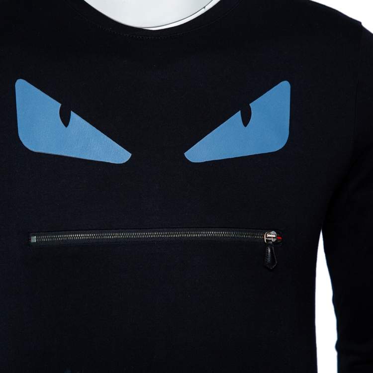Pre Owned Fendi Black Cotton Monster Eye Patch Zip Mouth Detail Long Sleeve T-Shirt S