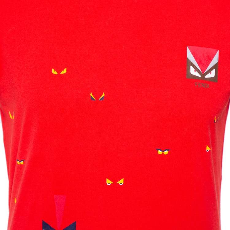 Pre Owned Fendi Red Monster Eye Printed Cotton Crewneck T-Shirt M