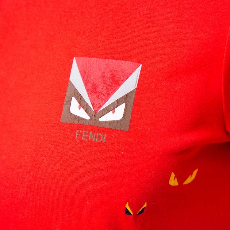 Pre Owned Fendi Red Monster Eye Printed Cotton Crewneck T-Shirt M