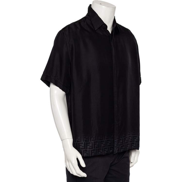 Pre Owned Fendi Black Silk Logo Printed Hem Detail Short Sleeve Shirt XL