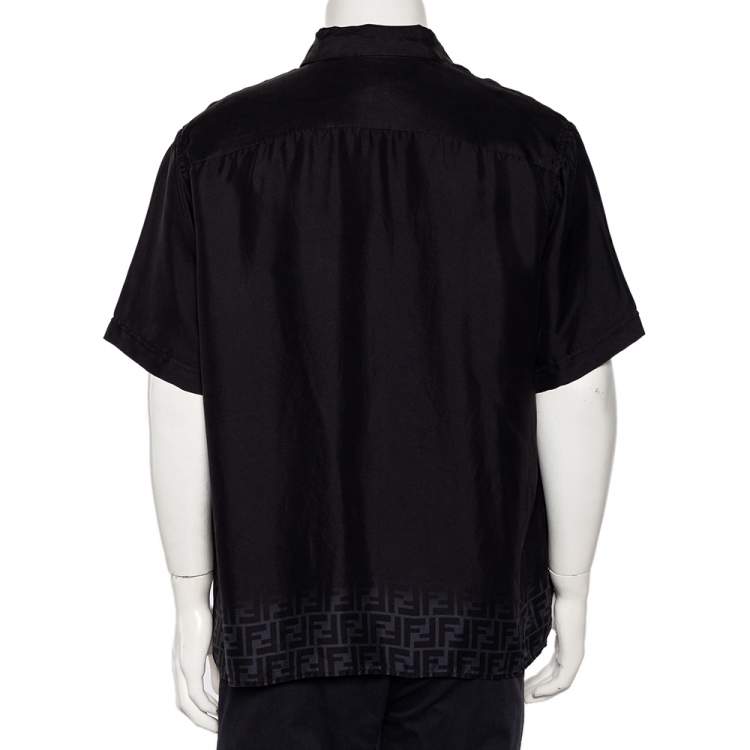 Pre Owned Fendi Black Silk Logo Printed Hem Detail Short Sleeve Shirt XL