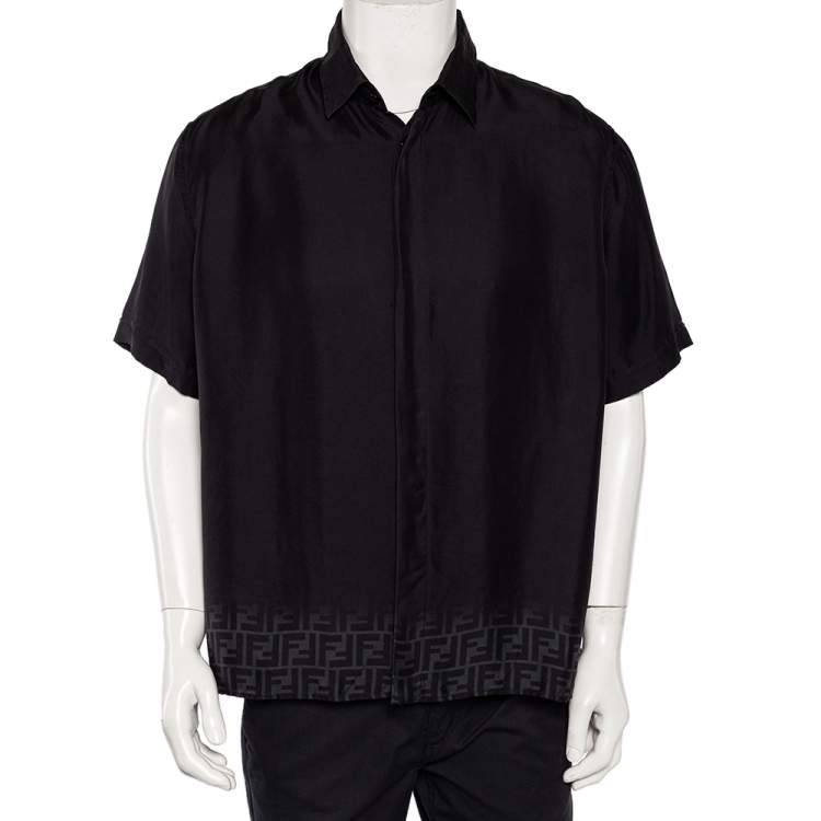 Pre Owned Fendi Black Silk Logo Printed Hem Detail Short Sleeve Shirt XL