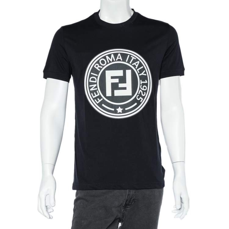 Pre Owned Fendi Navy Blue Logo Printed Cotton Knit Crewneck T-Shirt M