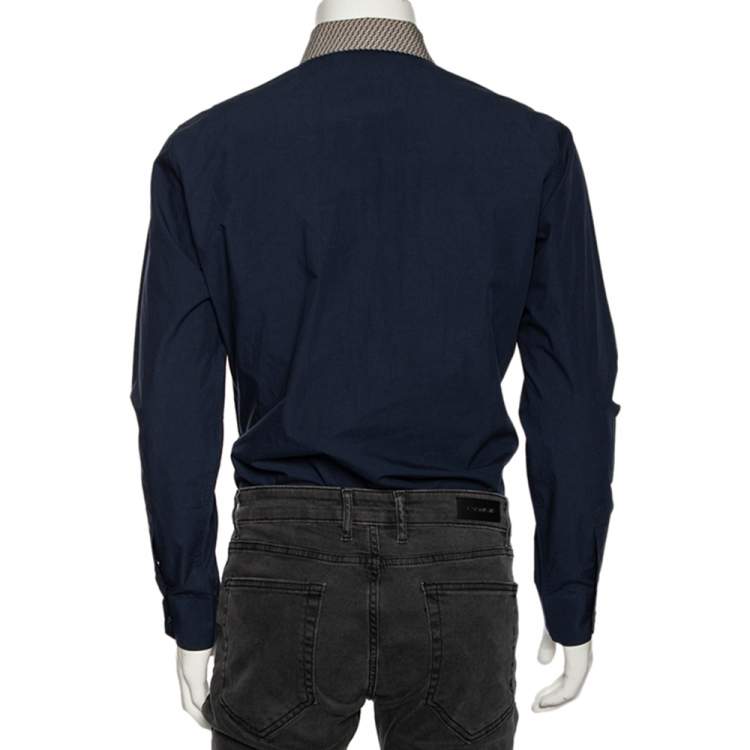Pre Owned Fendi Navy Blue Cotton Zucca Monogram Collar Detail Shirt XL