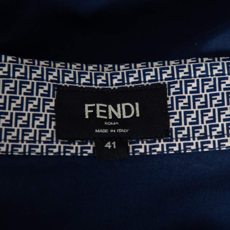 Pre Owned Fendi Navy Blue Cotton Zucca Monogram Collar Detail Shirt XL