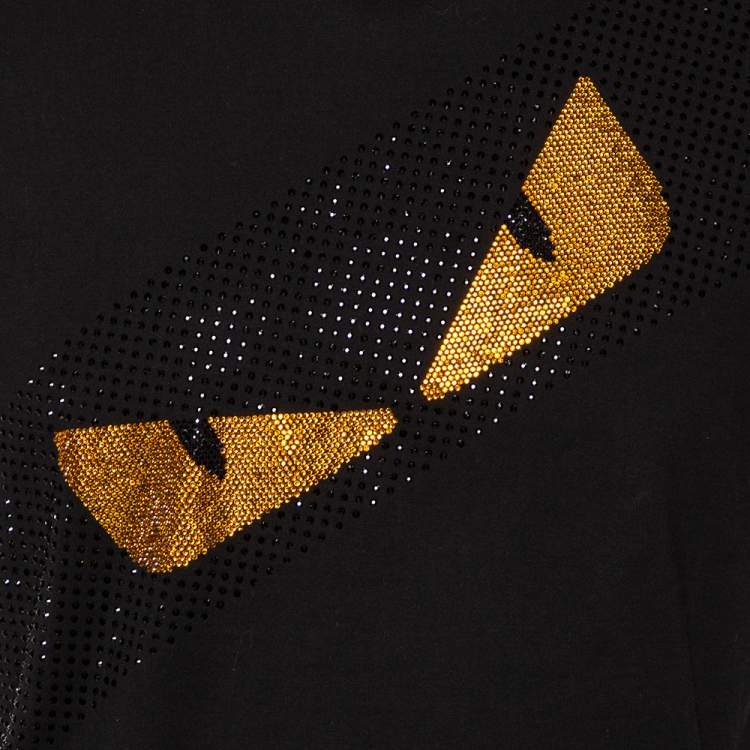 Pre Owned Fendi Black Cotton Bag Bug Embellished Short Sleeve T-Shirt XS