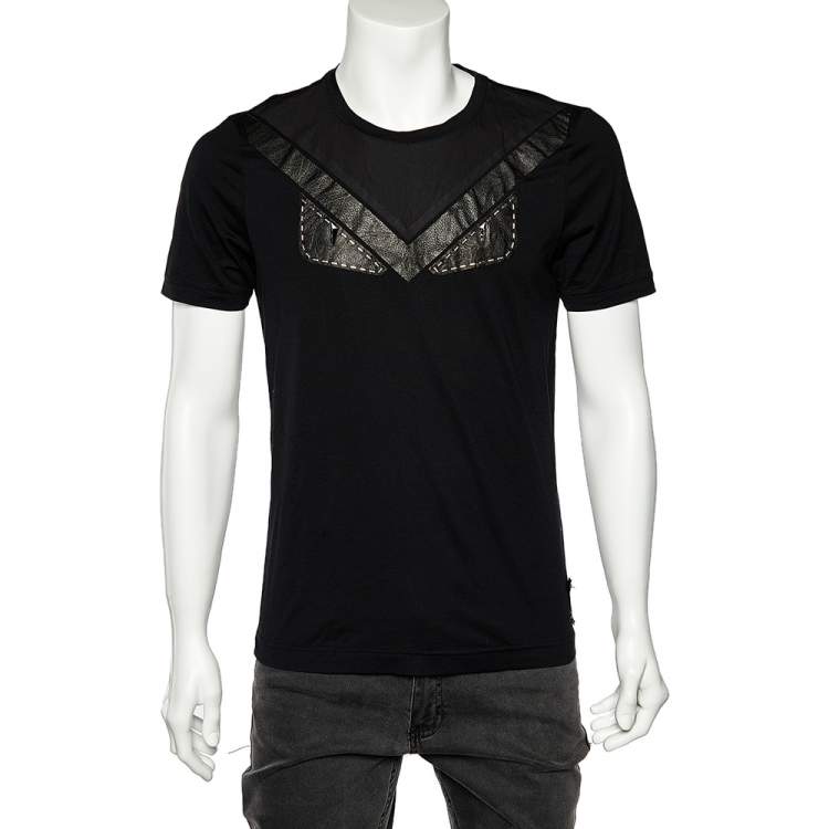 Pre Owned Fendi Black Cotton Studded Leather Bag Bugs Detail Crewneck T-Shirt M