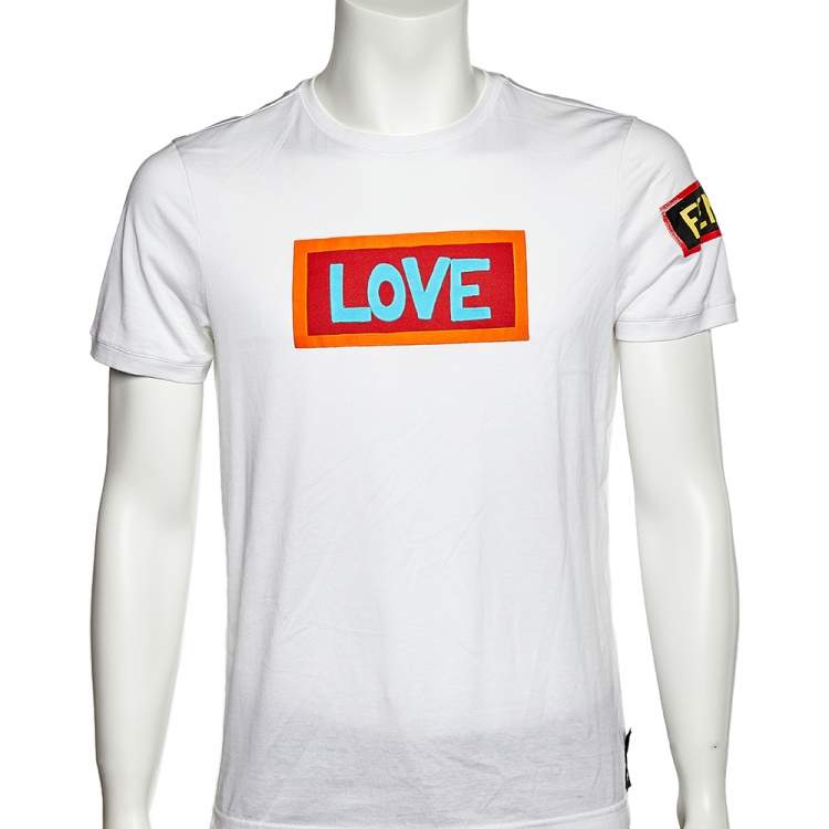 Pre Owned Fendi White Paint Logo Love Printed Cotton Crewneck T-Shirt M
