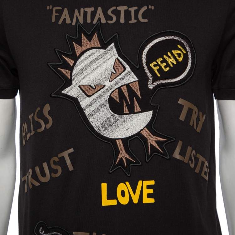 Pre Owned Fendi Black Cotton Monster Logo Appliqued Short Sleeve T-Shirt L 