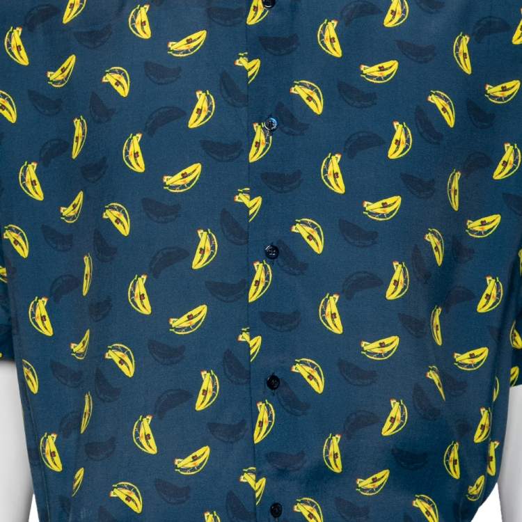 Pre Owned Fendi Blue Synthetic Banana Printed Button Front Bowling Shirt XL
